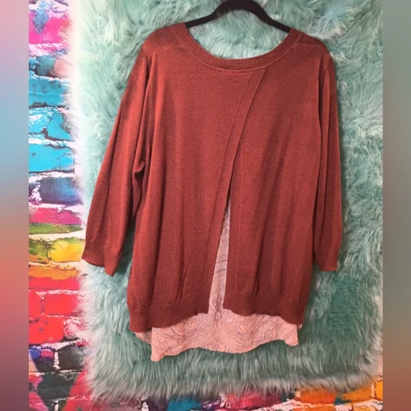 Dalia Rusty Brown Crew Neck Long 3/4 Sleeve Layered Top Size 1X - Picture 2 of 11